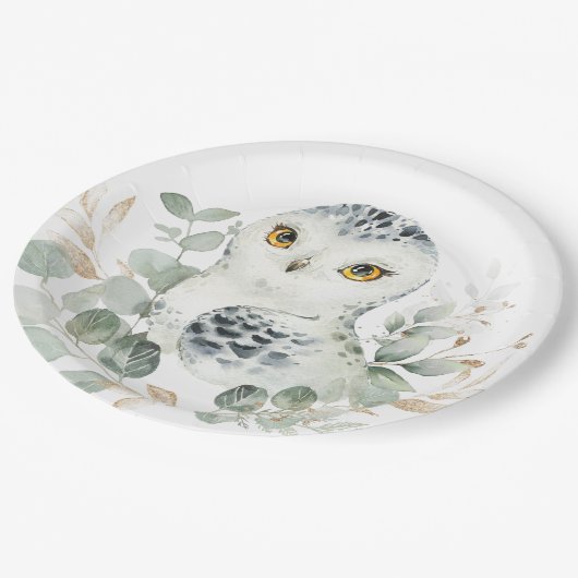 Snow Owl Winter Greenery Eucalyptus Gold Shower Papieren Bordje (Gekanteld)