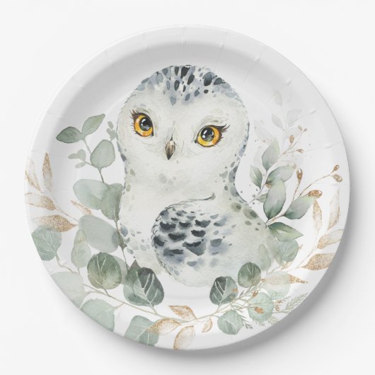 Snow Owl Winter Greenery Eucalyptus Gold Shower Papieren Bordje (Voorkant)