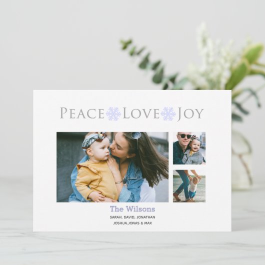 Snow Peace Love Joy Multiple Photo Typography Feestdagenkaart (Staand voorkant)