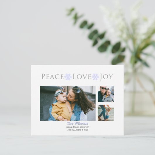 Snow Peace Love Joy Multiple Photo Typography Feestdagenkaart (Staand voorkant)