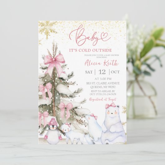 Snow Pink Winter Arctic Animals Baby Shower Kaart (Staand voorkant)