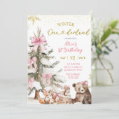 Snow Pink Winter Onederland First Birthday  Kaart (Staand voorkant)