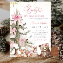 Snow Pink Winter Woodland Baby Shower Invitation