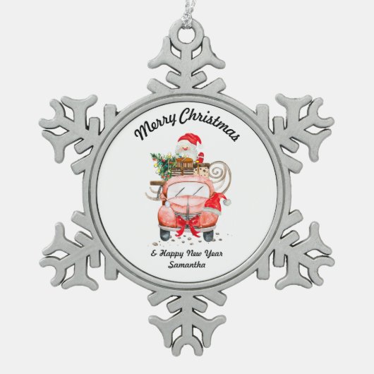 Snow Santa truck merry Christmas Tin Sneeuwvlok Ornament (Voorkant)