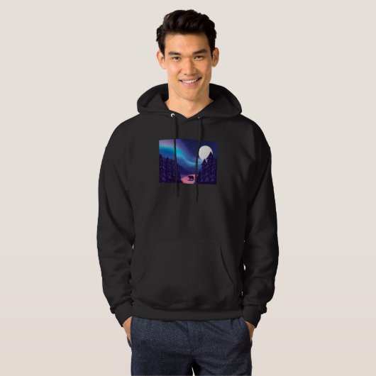 Snow Scene Polar Bear Silhouette w Moon and Aurora Hoodie (Voorkant volledig)