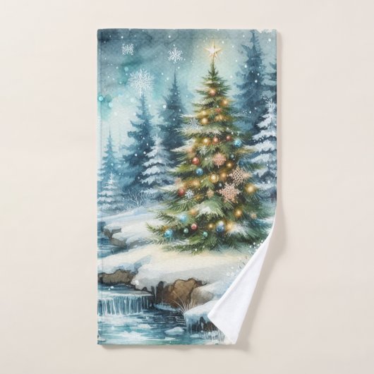 Snow Scene with Christmas Tree Winter Bad Handdoek (Handdoek)