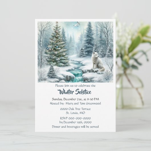 Snow Scene with Fox Winter Solstice Dinner Kaart (Staand voorkant)