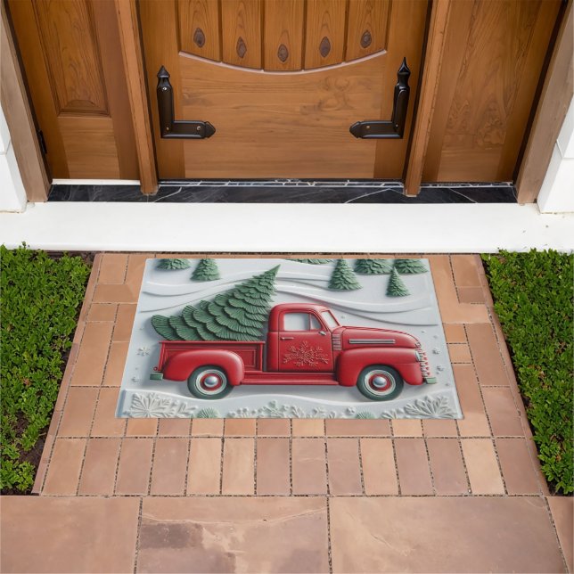 Snow Scene with Red Truck Door Mat (Buiten)