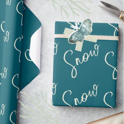 Snow script blue slate and butter elegant winter cadeaupapier
