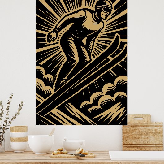 Snow Skier Retro Art Deco Poster (Keuken)