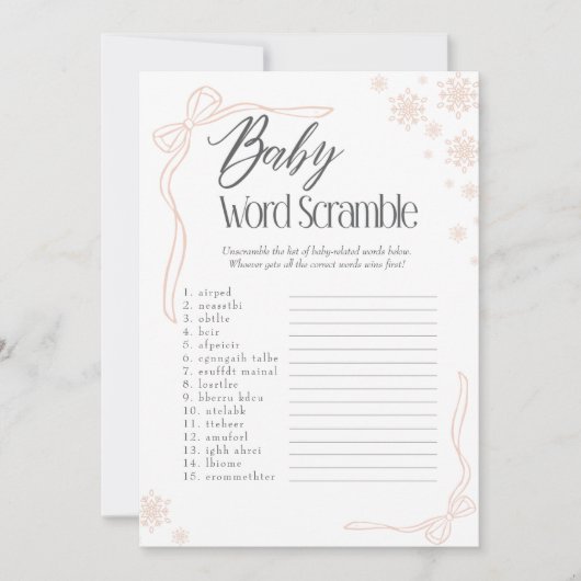Snow Taupe Bow Baby Word Scramble Game Kaart (Voorkant)
