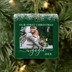 Snow Top Our First Kerstman Engaged Photo Green Keramisch Ornament
