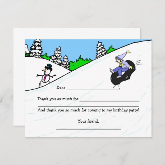 Snow Tubing Girl Birthday Party - Dank u wel Bedankkaart (Voorkant / Achterkant)