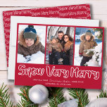 Snow Very Merry Outline Lettering 3 Vertical Photo Feestdagenkaart<br><div class="desc">Snow Very Merry 3 Photo Holiday Card with modern outline lettering and casual script typography. The photo template is ready for you to add 3 of your favorite photos, which are displayed in vertical, portrait format. The christmas card reads "Snow Very Merry .. may all your Christmas Wishes come true"...</div>