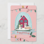 Snow Wereldbol Kerstmis & auto roze foto Feestdagenkaart (Voorkant)