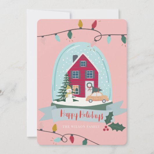 Snow Wereldbol Kerstmis & auto roze foto Feestdagenkaart (Voorkant)