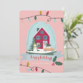 Snow Wereldbol Kerstmis & auto roze foto Feestdagenkaart (Staand voorkant)