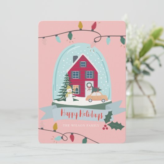 Snow Wereldbol Kerstmis & auto roze foto Feestdagenkaart (Staand voorkant)