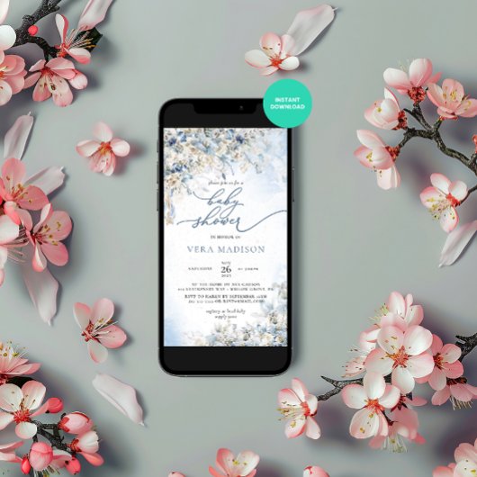 Snow Winter Dusty Blue Baby shower Kaart