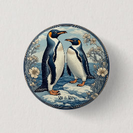 Snow Winter Glacier Blue Mr & Mrs Penguin Couple  Ronde Button 3,2 Cm