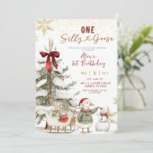 Snow Winter One Silly Goose First Birthday Kaart (Staand voorkant)