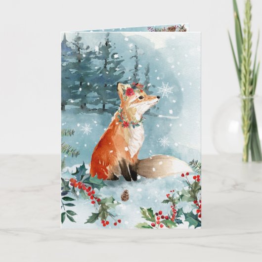 Snow Woodland Foxes Blue Modern Floral Feestdagen Kaart (Voorkant)