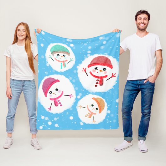 Snowball en Snowman Blue Fleece Deken (In situ)