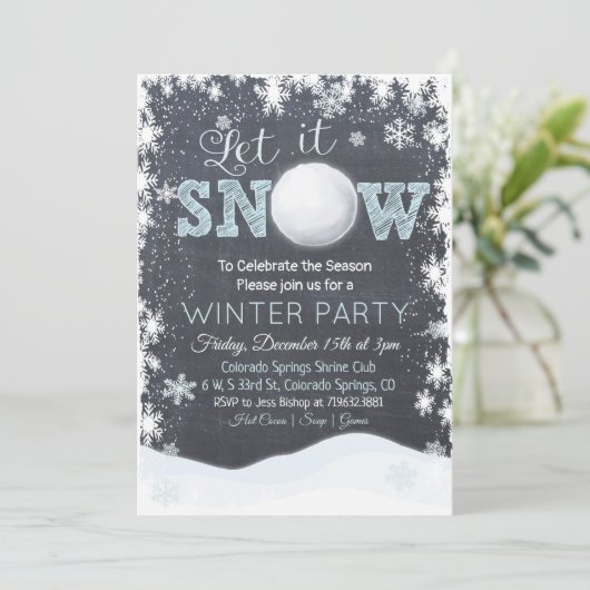 Snowball Snowflakes Winter Party uitnodiging (Staand voorkant)