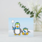 Snowballing pinguïns briefkaart (Staand voorkant)
