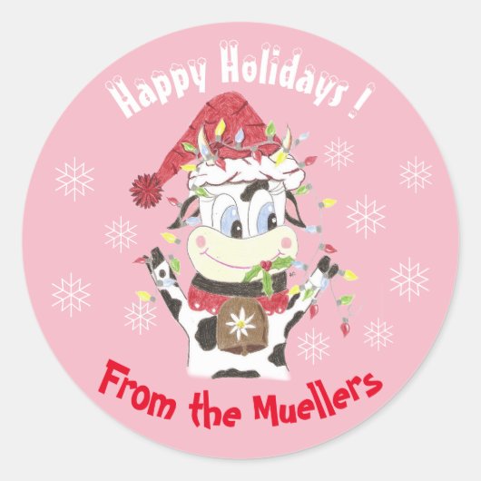 Snowbell de koe -Prettige feestdagen roze stickers (Voorkant)