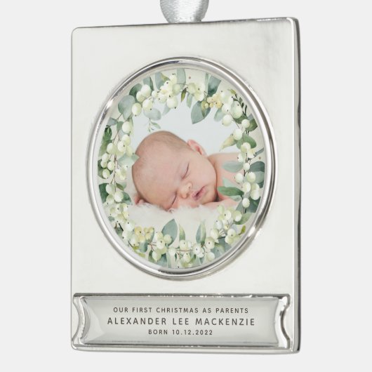 Snowberries - kerstfoto baby's voor het eerst verzilverd banner ornament (Links)