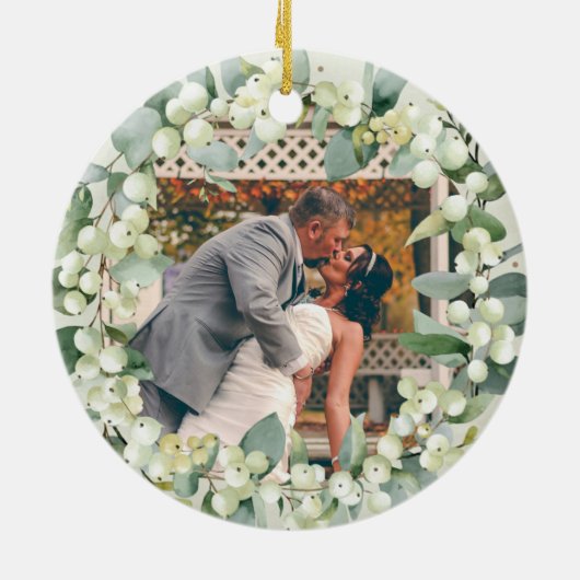 Snowberries - Onze eerste Kerstmis, Mr & Mrs Foto Keramisch Ornament (Achterkant)