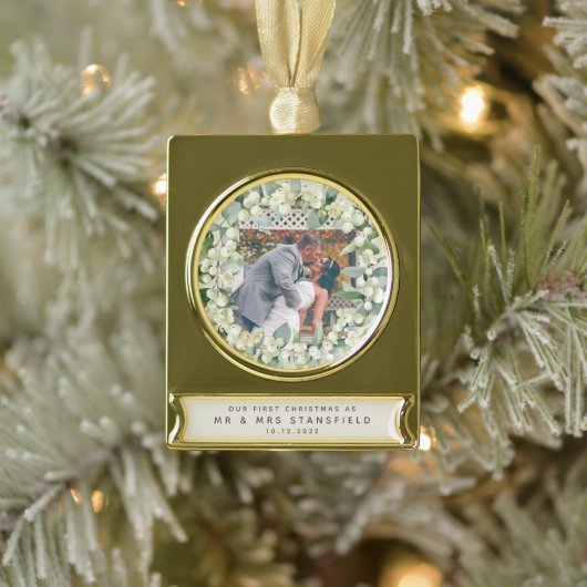 Snowberries - Onze eerste Kerstmis, Mr & Mrs Foto Verguld Banner Ornament (Boom)