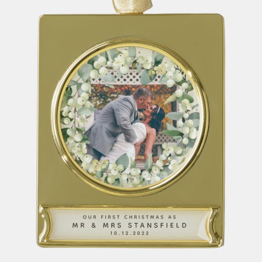 Snowberries - Onze eerste Kerstmis, Mr & Mrs Foto Verguld Banner Ornament (Voorkant)