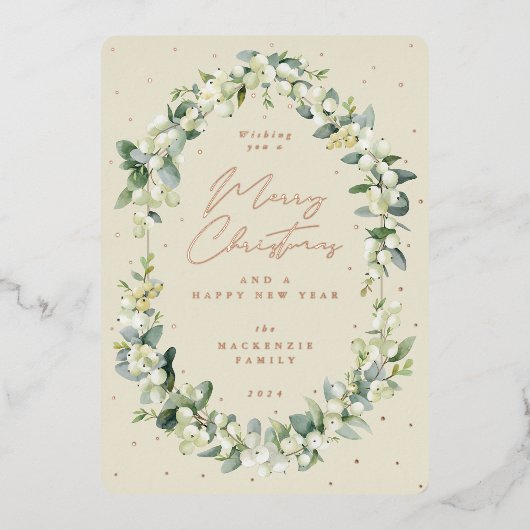 Snowberry + Eucalyptus Botanische kerstmis met Lij Folie Feestdagenkaart (Voorkant)