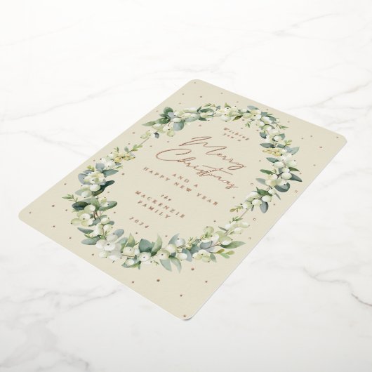 Snowberry + Eucalyptus Botanische kerstmis met Lij Folie Feestdagenkaart (Gedraaid)