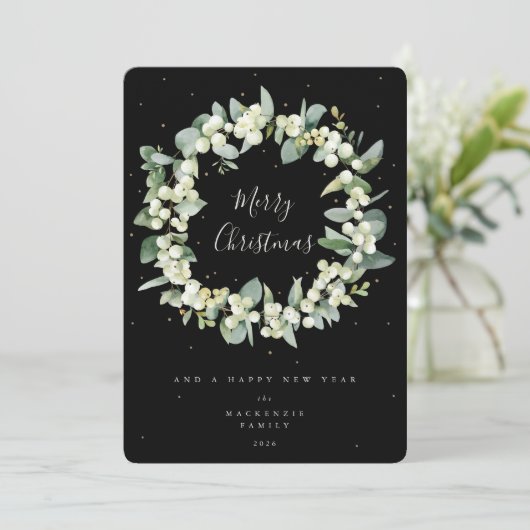 Snowberry + Eucalyptus Kerstmis zonder foto Feestdagenkaart (Staand voorkant)