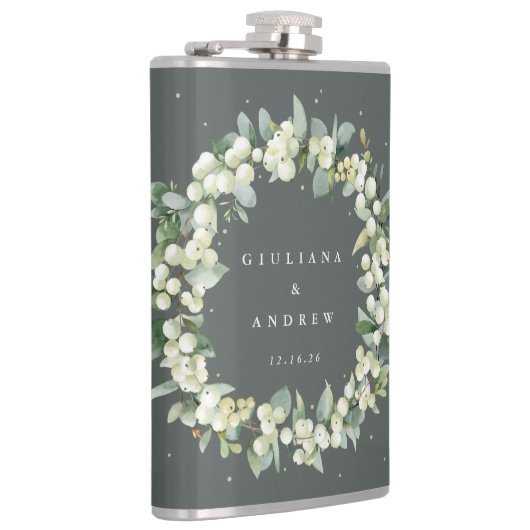 Snowberry & Eucalyptus krans gepersonaliseerde bru Heupfles (Rechts)