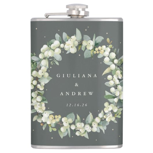 Snowberry & Eucalyptus krans gepersonaliseerde bru Heupfles (Voorkant)