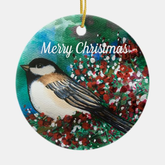 Snowberry's Chickadee Merry kersttwitteraar Keramisch Ornament (Voorkant)