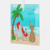 Snowbird Kerstmis, Kerstman en rendier op strand Glas Ornament (Voorkant links)