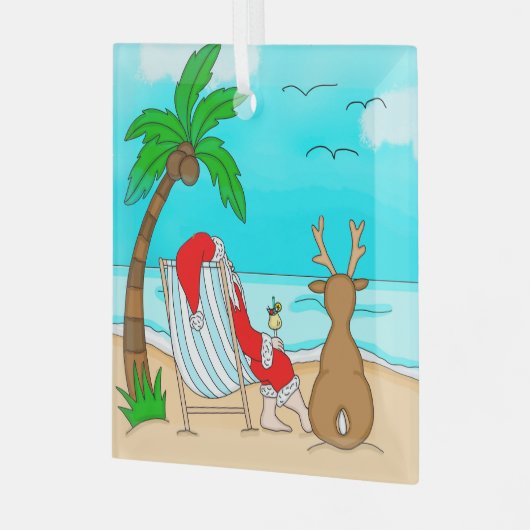 Snowbird Kerstmis, Kerstman en rendier op strand Glas Ornament (Voorkant links)