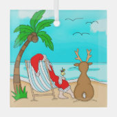 Snowbird Kerstmis, Kerstman en rendier op strand Glas Ornament (Voorkant)