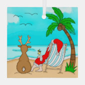 Snowbird Kerstmis, Kerstman en rendier op strand Glas Ornament (Achterkant)