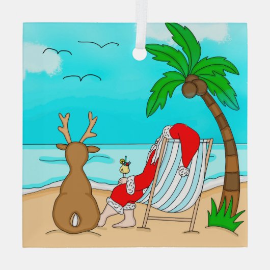 Snowbird Kerstmis, Kerstman en rendier op strand Glas Ornament (Achterkant)