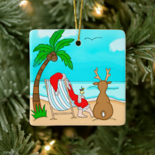 Snowbird Kerstmis, Kerstman en rendier op strand Keramisch Ornament