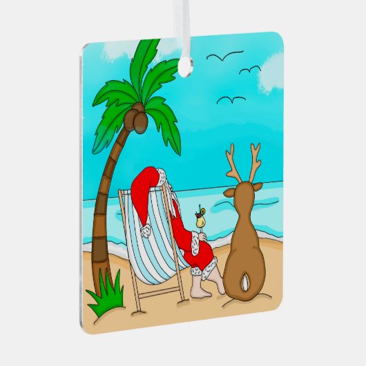 Snowbird Kerstmis, Kerstman en rendier op strand  Metalen Ornament (Voorkant Rechts)