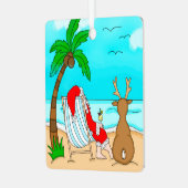 Snowbird Kerstmis, Kerstman en rendier op strand  Metalen Ornament (Voorkant links)