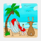 Snowbird Kerstmis, Kerstman en rendier op strand  Metalen Ornament (Voorkant)