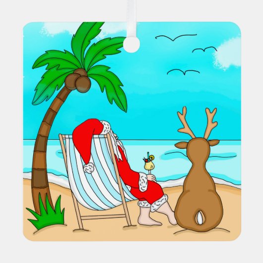 Snowbird Kerstmis, Kerstman en rendier op strand  Metalen Ornament (Voorkant)